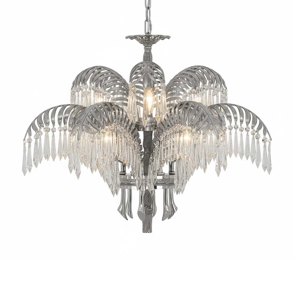 Brass Palm Leaf Crystal Chandelier