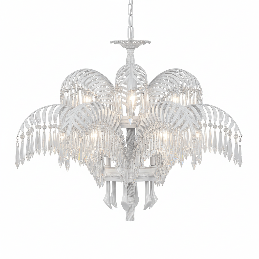 Brass Palm Leaf Crystal Chandelier