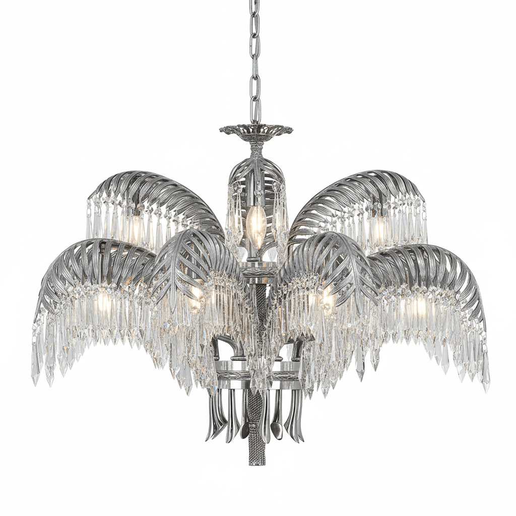 Brass Palm Leaf Crystal Chandelier