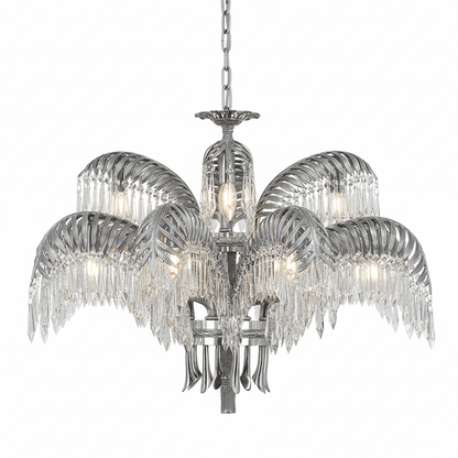 Brass Palm Leaf Crystal Chandelier