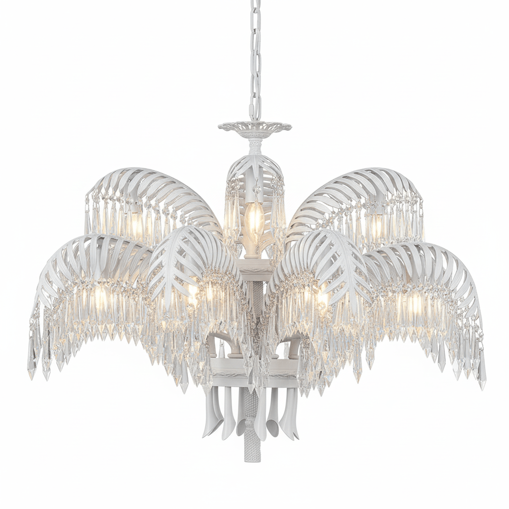 Brass Palm Leaf Crystal Chandelier