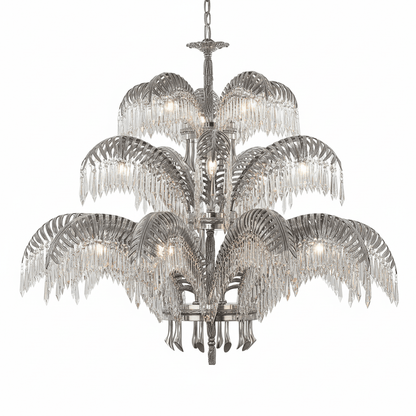 Brass Palm Leaf Crystal Chandelier