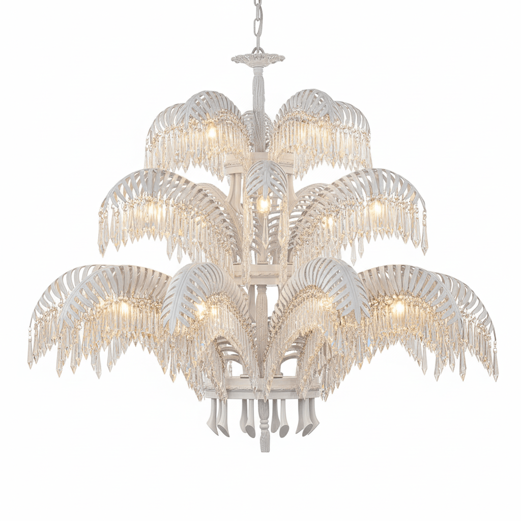 Brass Palm Leaf Crystal Chandelier