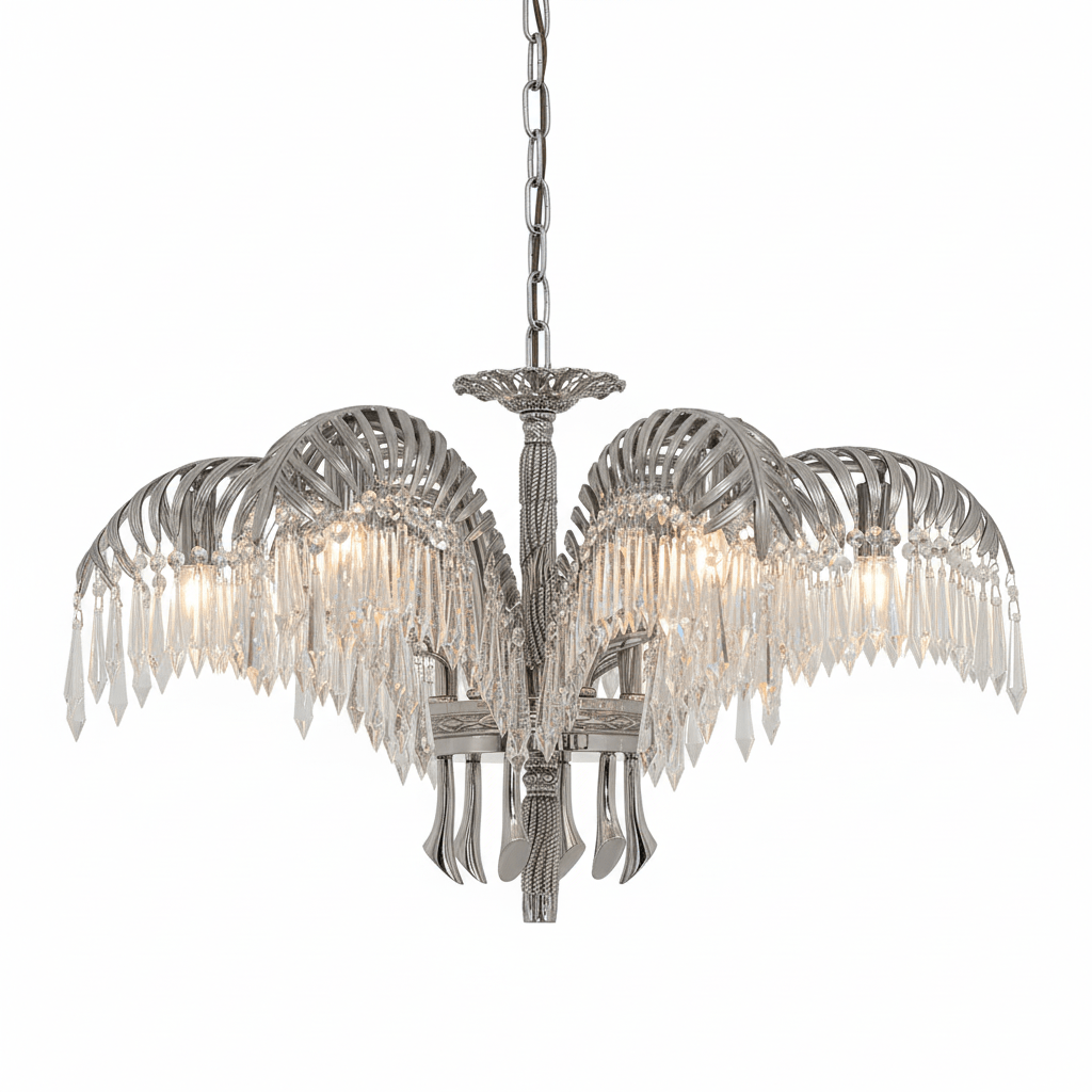 Brass Palm Leaf Crystal Chandelier