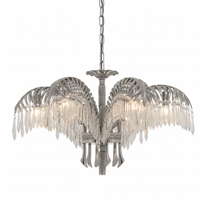 Brass Palm Leaf Crystal Chandelier