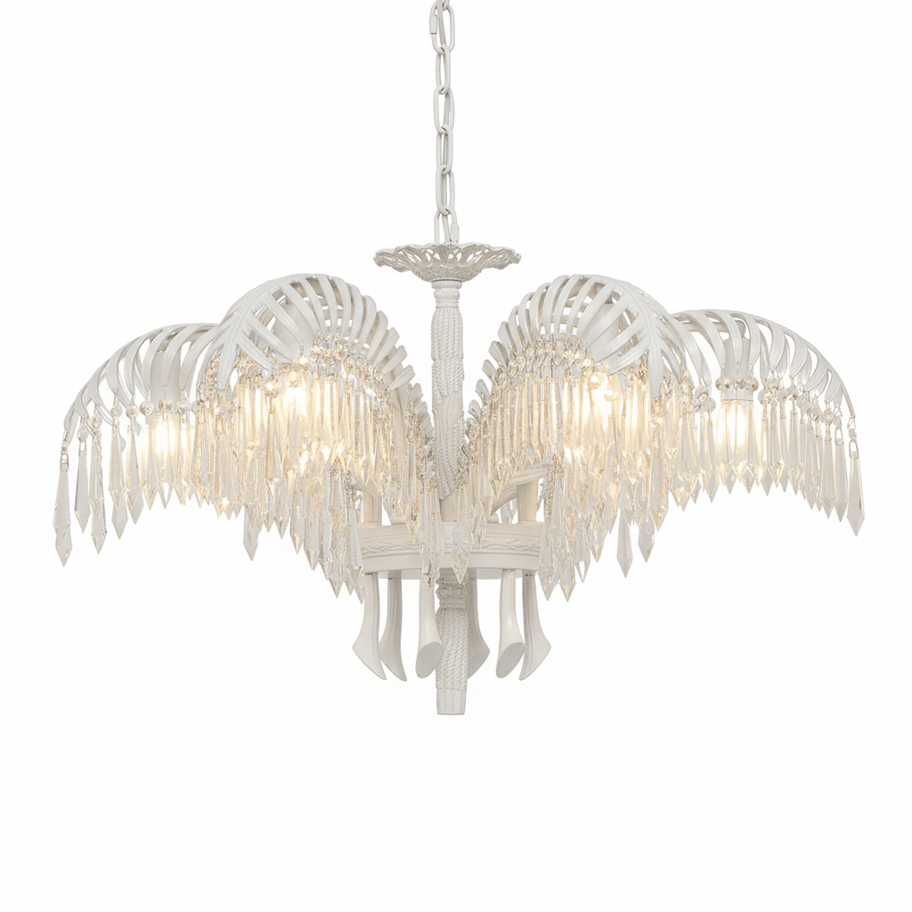 Brass Palm Leaf Crystal Chandelier