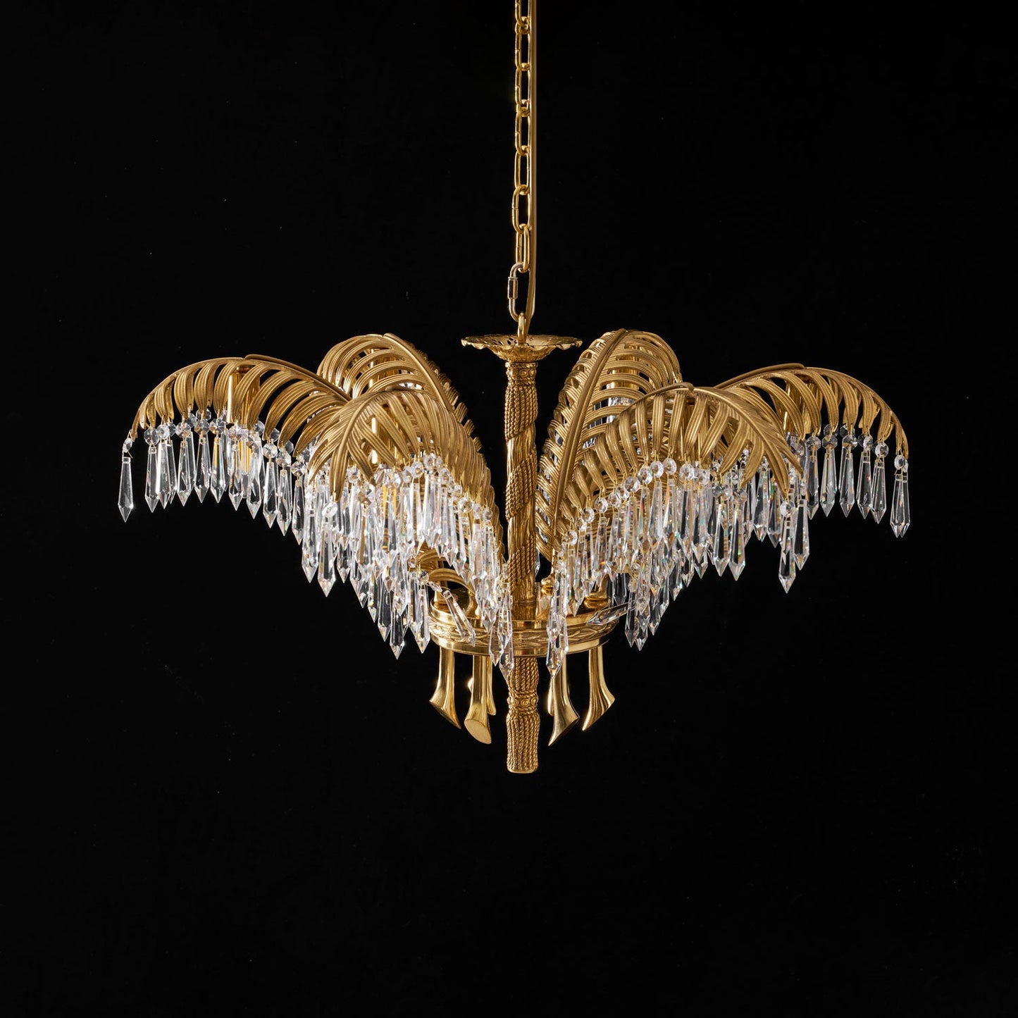 Brass Palm Leaf Crystal Chandelier