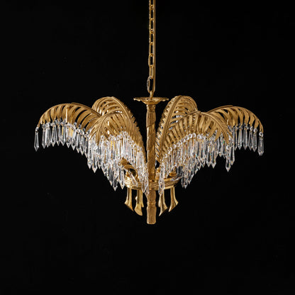 Brass Palm Leaf Crystal Chandelier