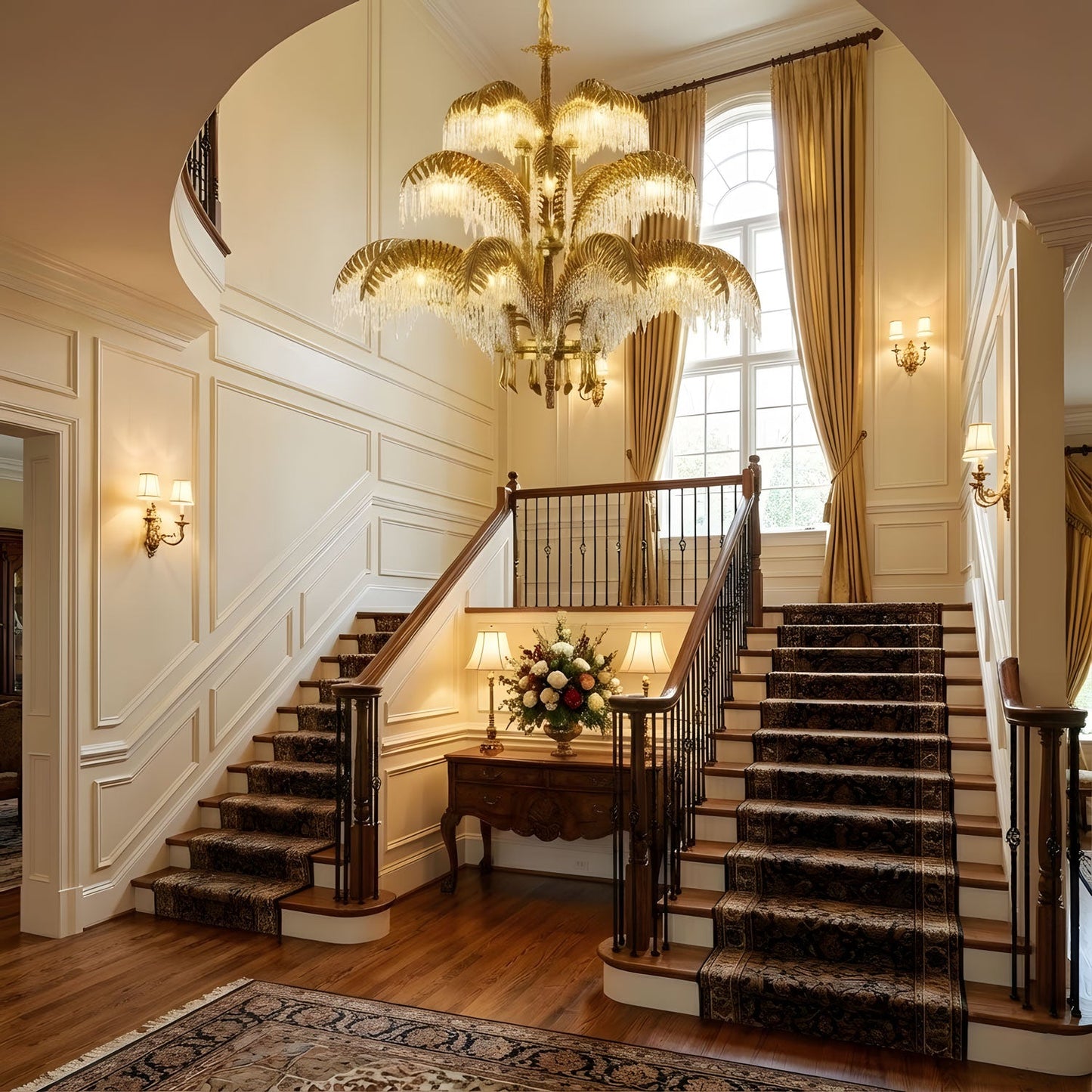 Brass Palm Leaf Crystal Chandelier