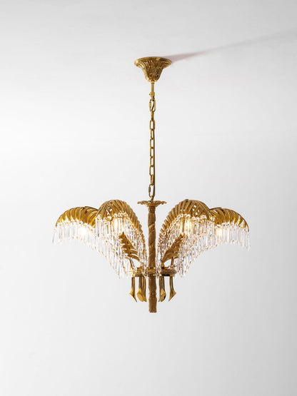 Brass Palm Leaf Crystal Chandelier