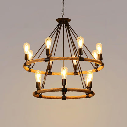 Hemp Rope Industrial Large Circle Chandelier